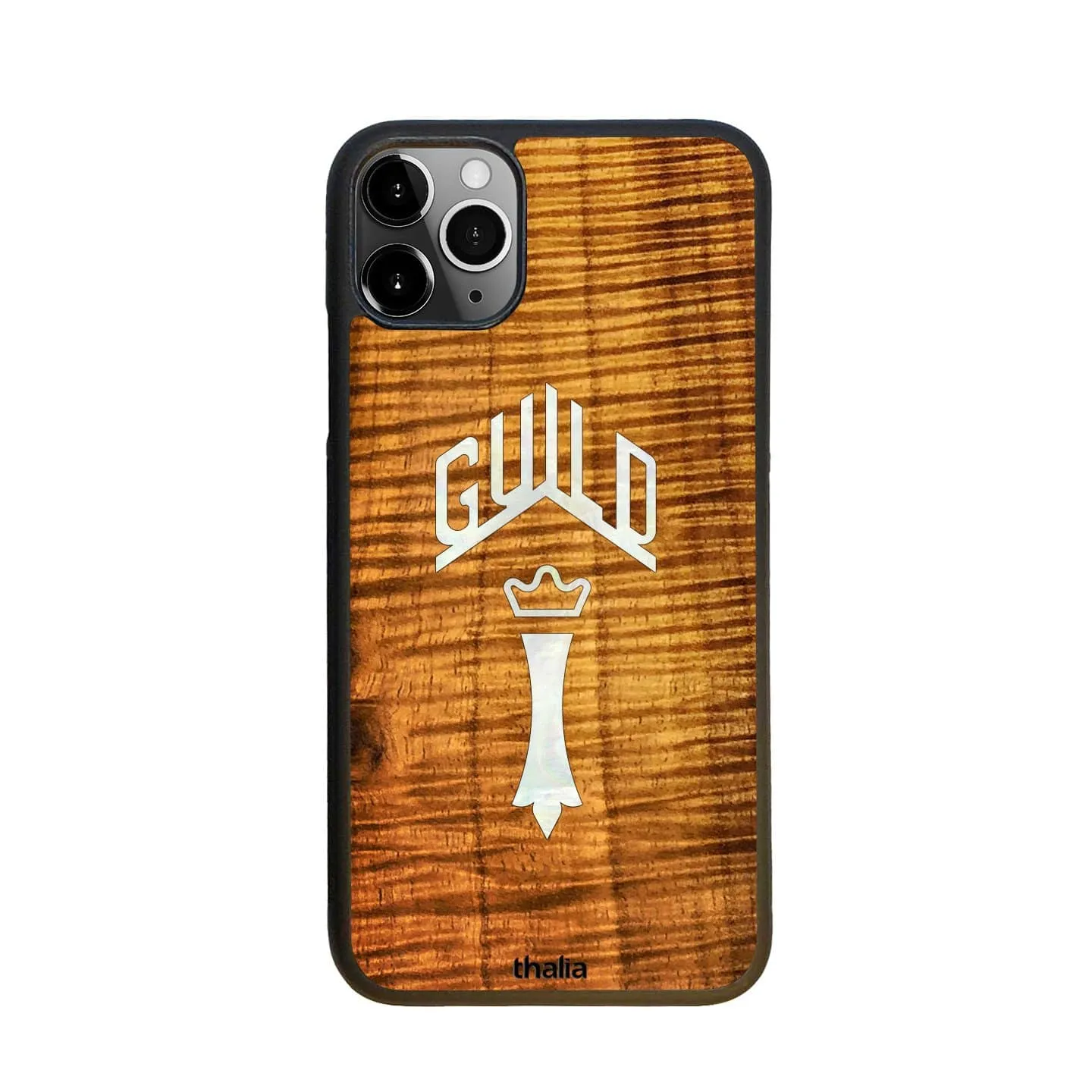 AAA Curly Hawaiian Koa & Guild Chesterfield Pearl Logo | iPhone Case