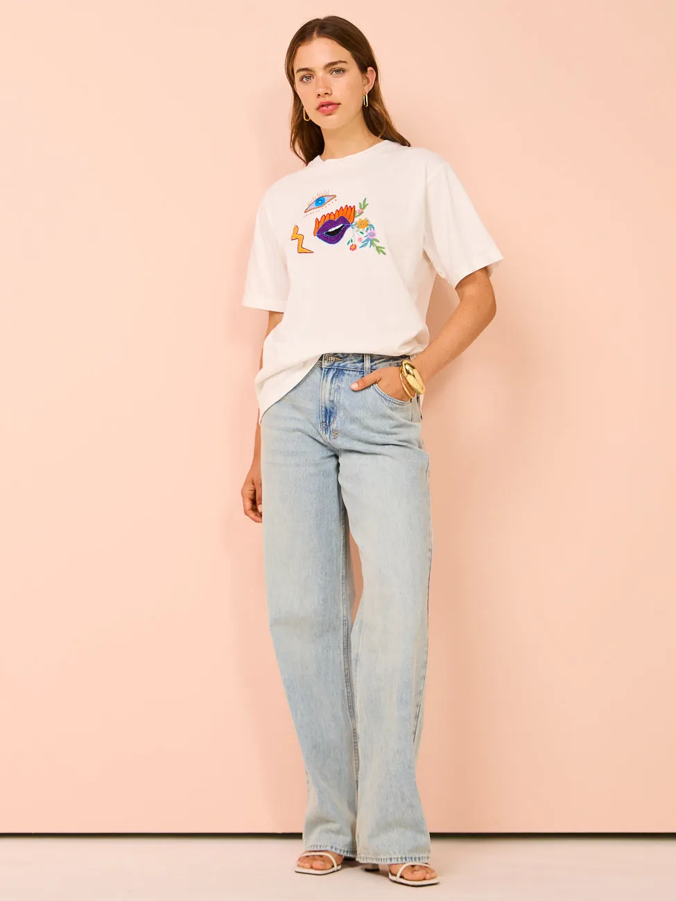 Alemais Meagan Embroidery T-Shirt in Cream