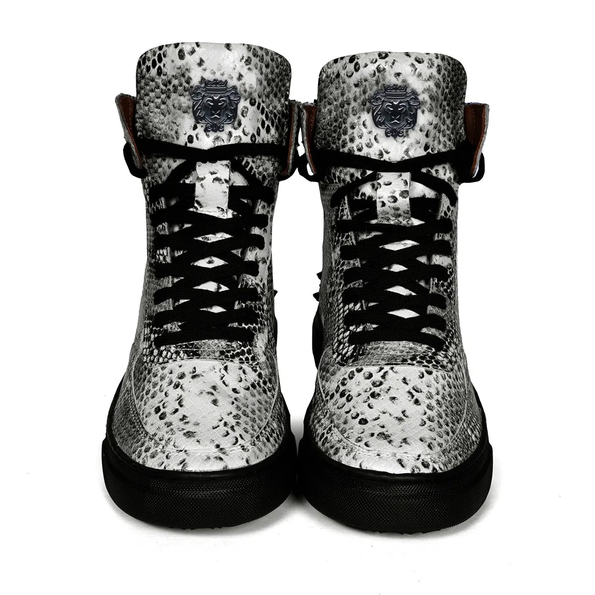 Black-White Sneaker with Stud Detailing Snake Print Leather