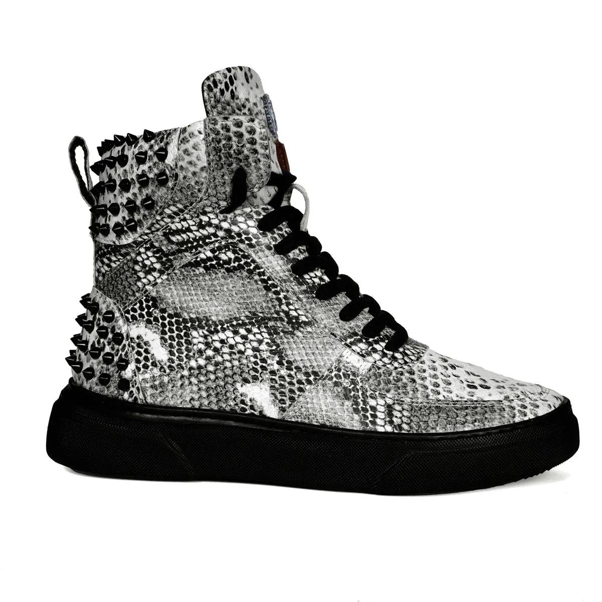 Black-White Sneaker with Stud Detailing Snake Print Leather