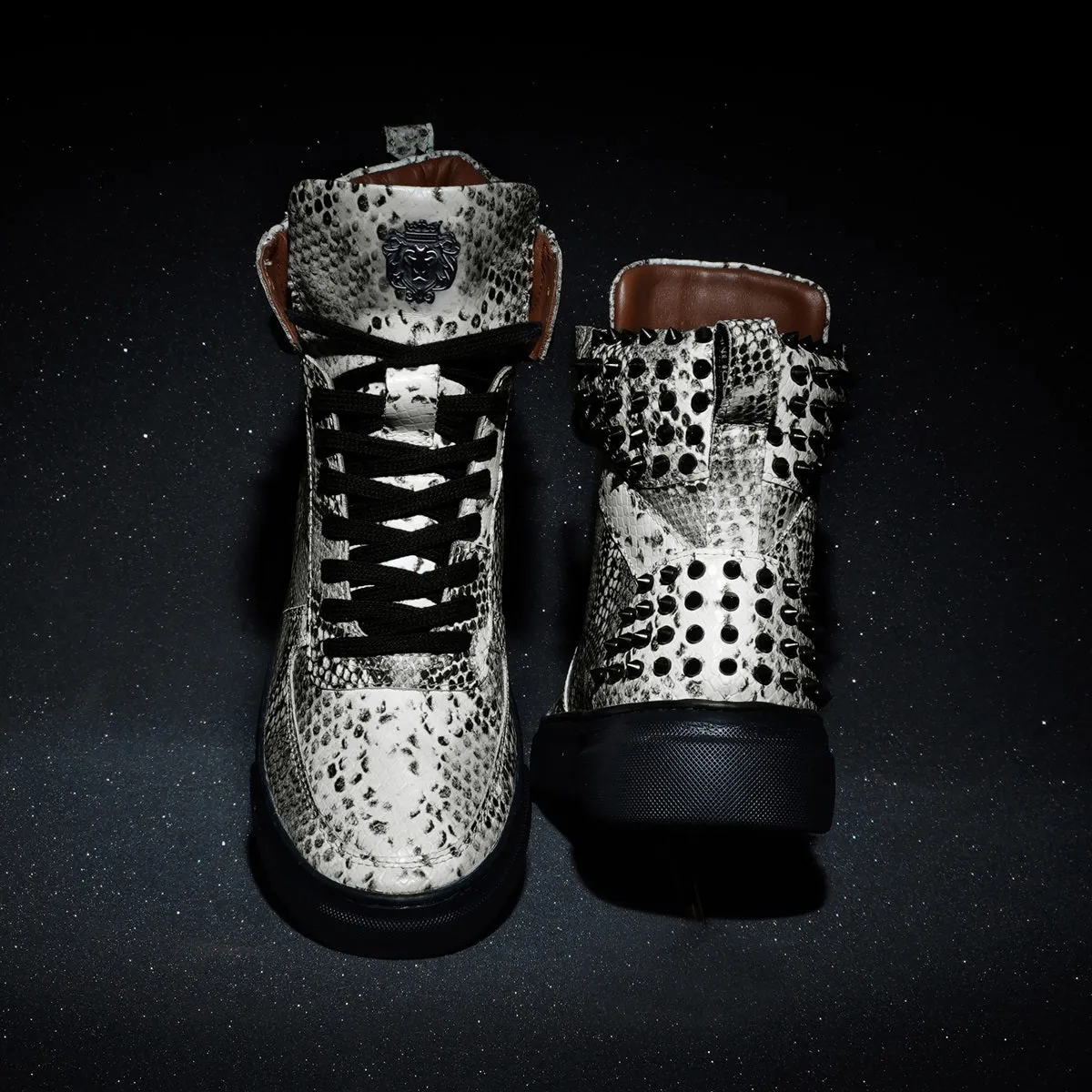 Black-White Sneaker with Stud Detailing Snake Print Leather