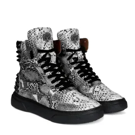 Black-White Sneaker with Stud Detailing Snake Print Leather