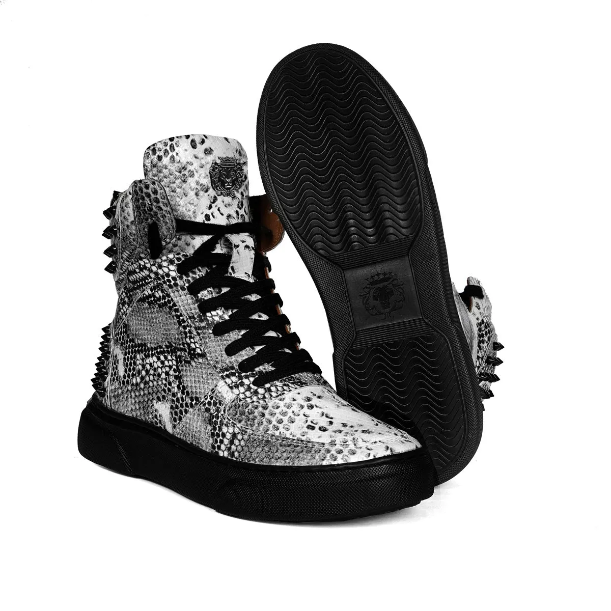 Black-White Sneaker with Stud Detailing Snake Print Leather