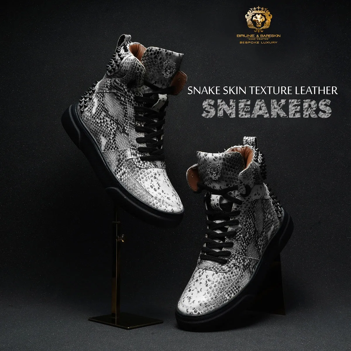 Black-White Sneaker with Stud Detailing Snake Print Leather