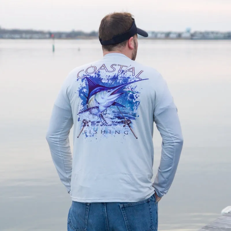 Coastal Gray Men's Long Sleeve QuickDry Fishing Shirt - Marlin Design