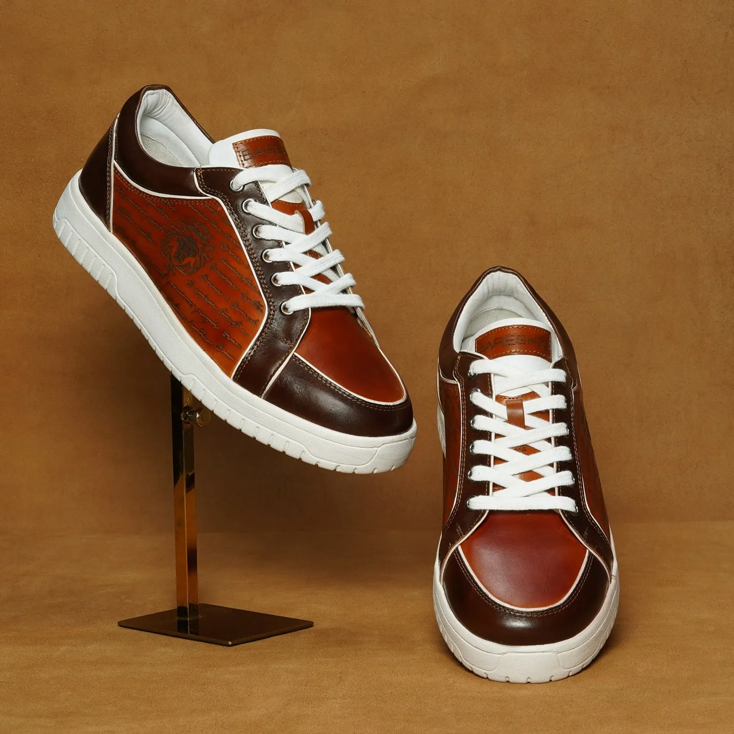 Contrasting Laser Engraved Dark Brown Edge Sneaker in Tan Genuine Leather