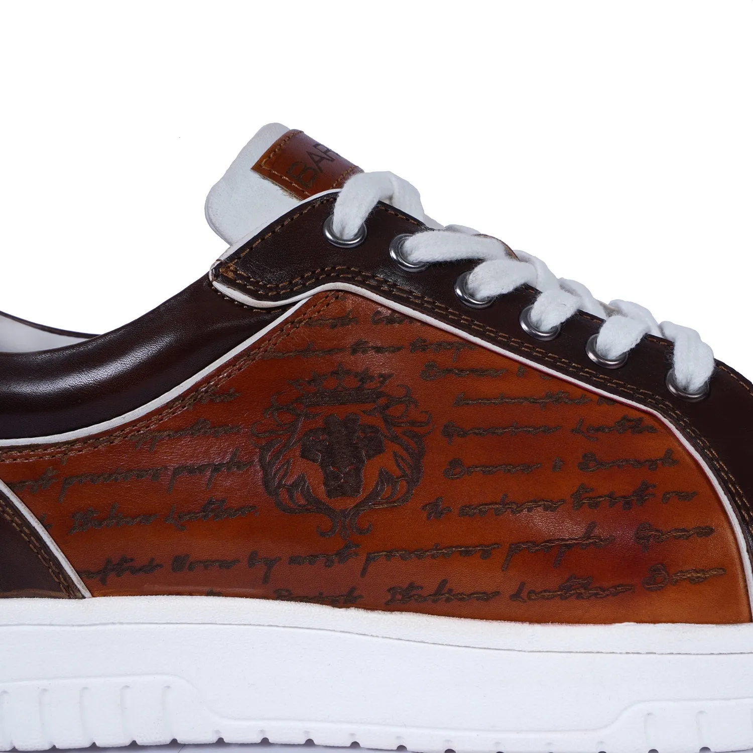 Contrasting Laser Engraved Dark Brown Edge Sneaker in Tan Genuine Leather