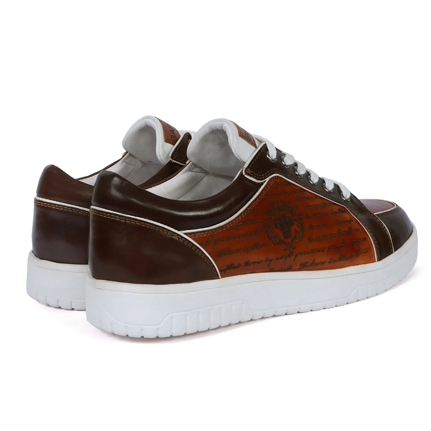 Contrasting Laser Engraved Dark Brown Edge Sneaker in Tan Genuine Leather