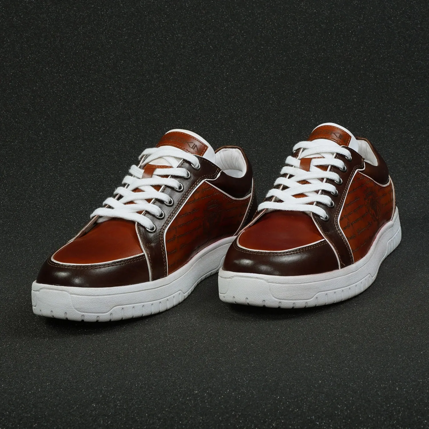 Contrasting Laser Engraved Dark Brown Edge Sneaker in Tan Genuine Leather