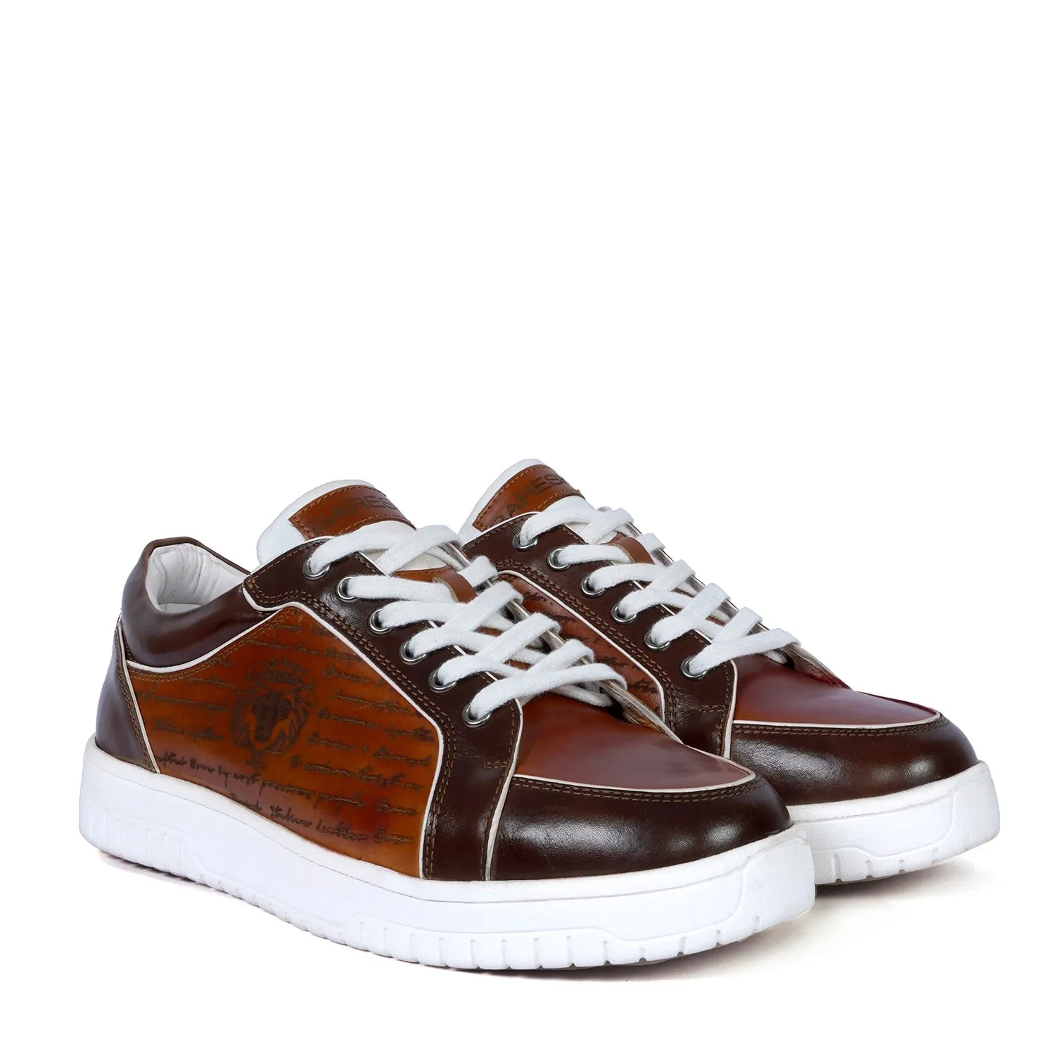 Contrasting Laser Engraved Dark Brown Edge Sneaker in Tan Genuine Leather