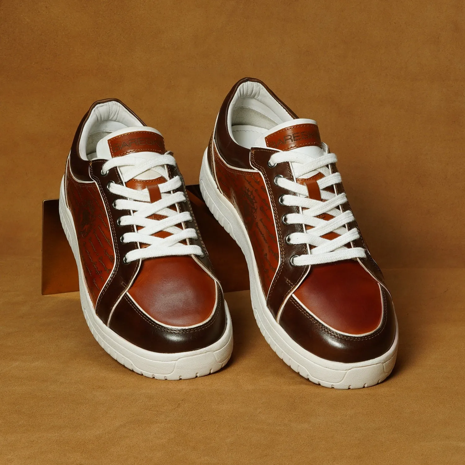 Contrasting Laser Engraved Dark Brown Edge Sneaker in Tan Genuine Leather