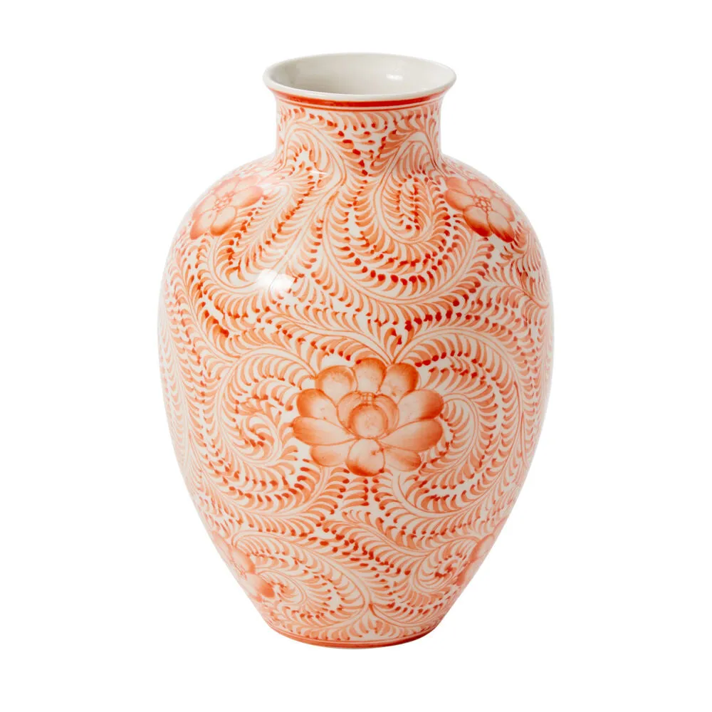 Coral Orange & White Hand Painted Chinoiserie Ceramic Eleanor Flower Vase