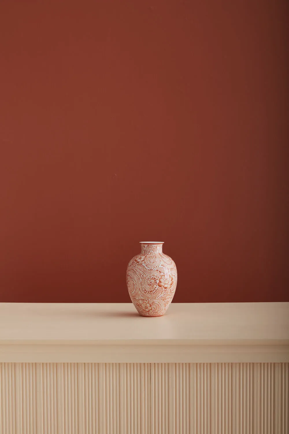 Coral Orange & White Hand Painted Chinoiserie Ceramic Eleanor Flower Vase