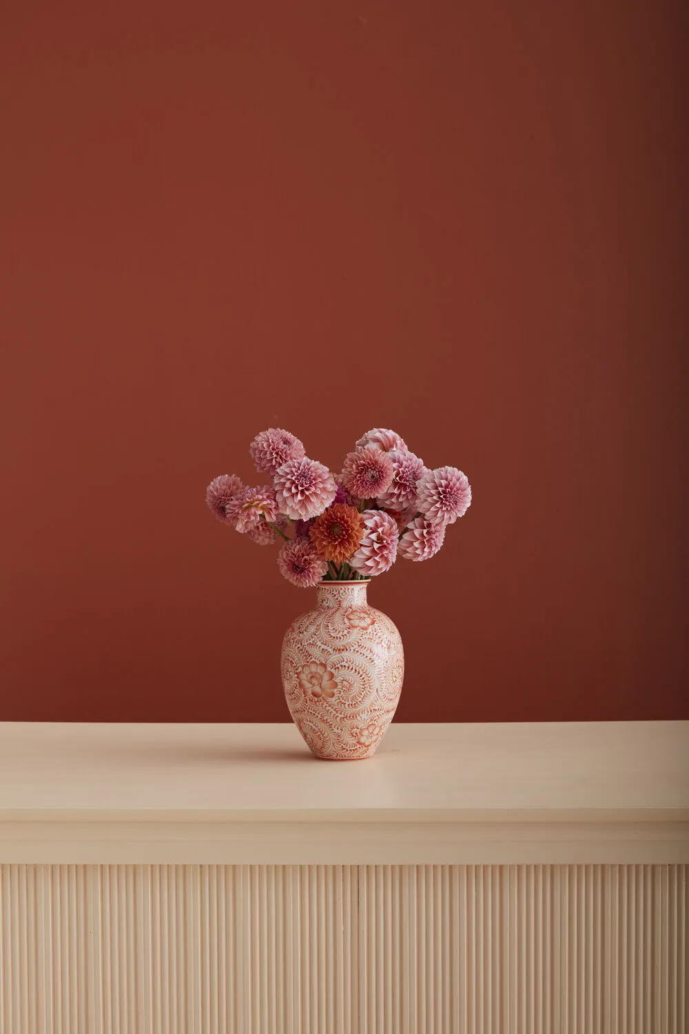 Coral Orange & White Hand Painted Chinoiserie Ceramic Eleanor Flower Vase