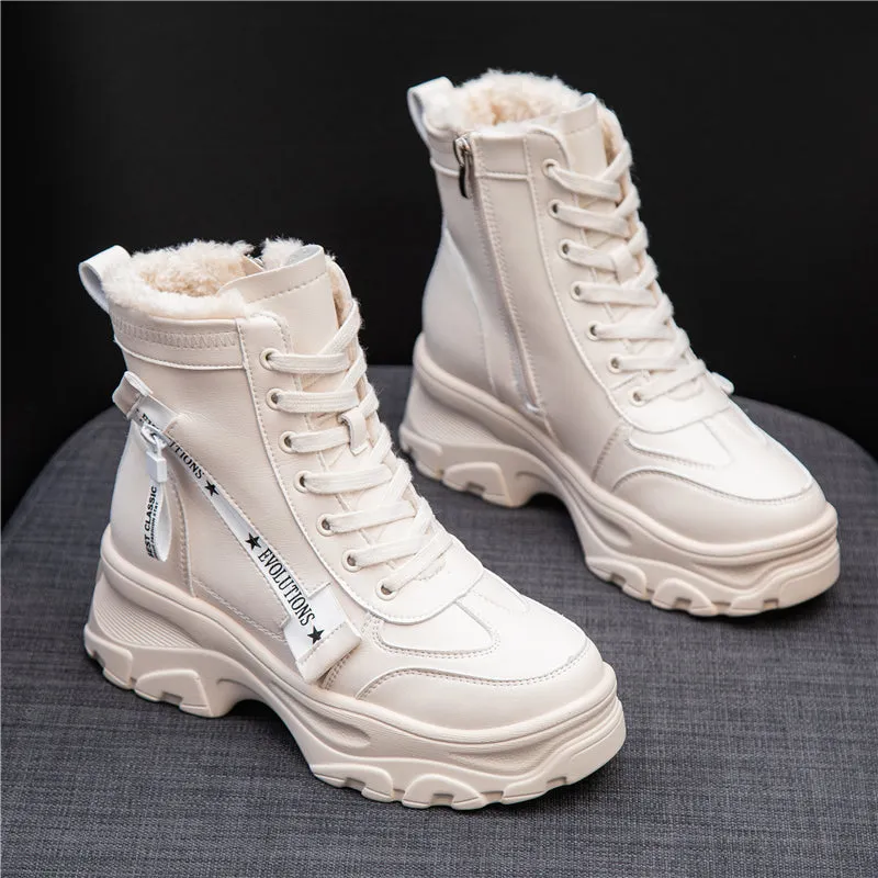 Dropshipping custom logo Leather Women's Chunky Boots Winter Thick Fur Warm Women Platform Sneakers 2021 Fashion Combat Fashion