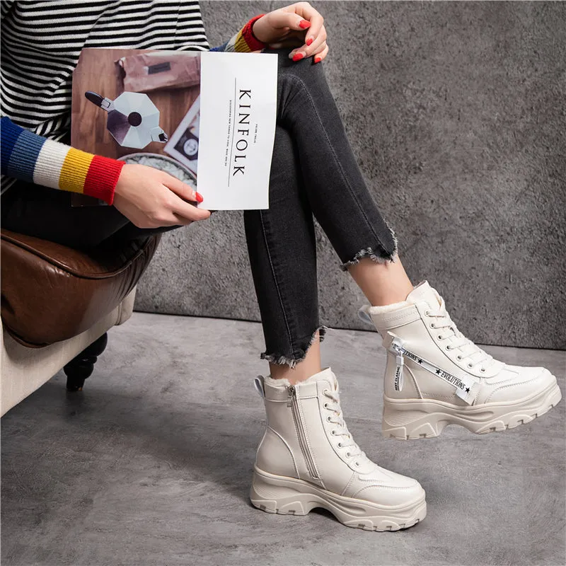 Dropshipping custom logo Leather Women's Chunky Boots Winter Thick Fur Warm Women Platform Sneakers 2021 Fashion Combat Fashion