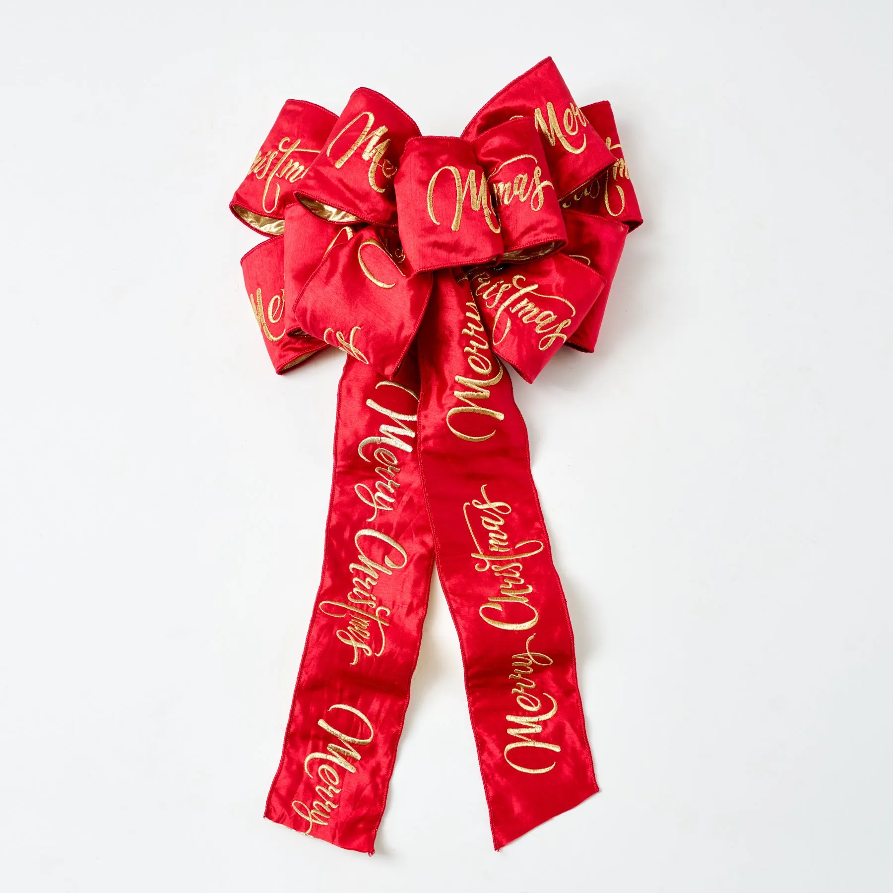 Extra Large Red & Gold Dupion Merry Christmas Embroidered Traditional Hand-Knotted Center Loop Bow