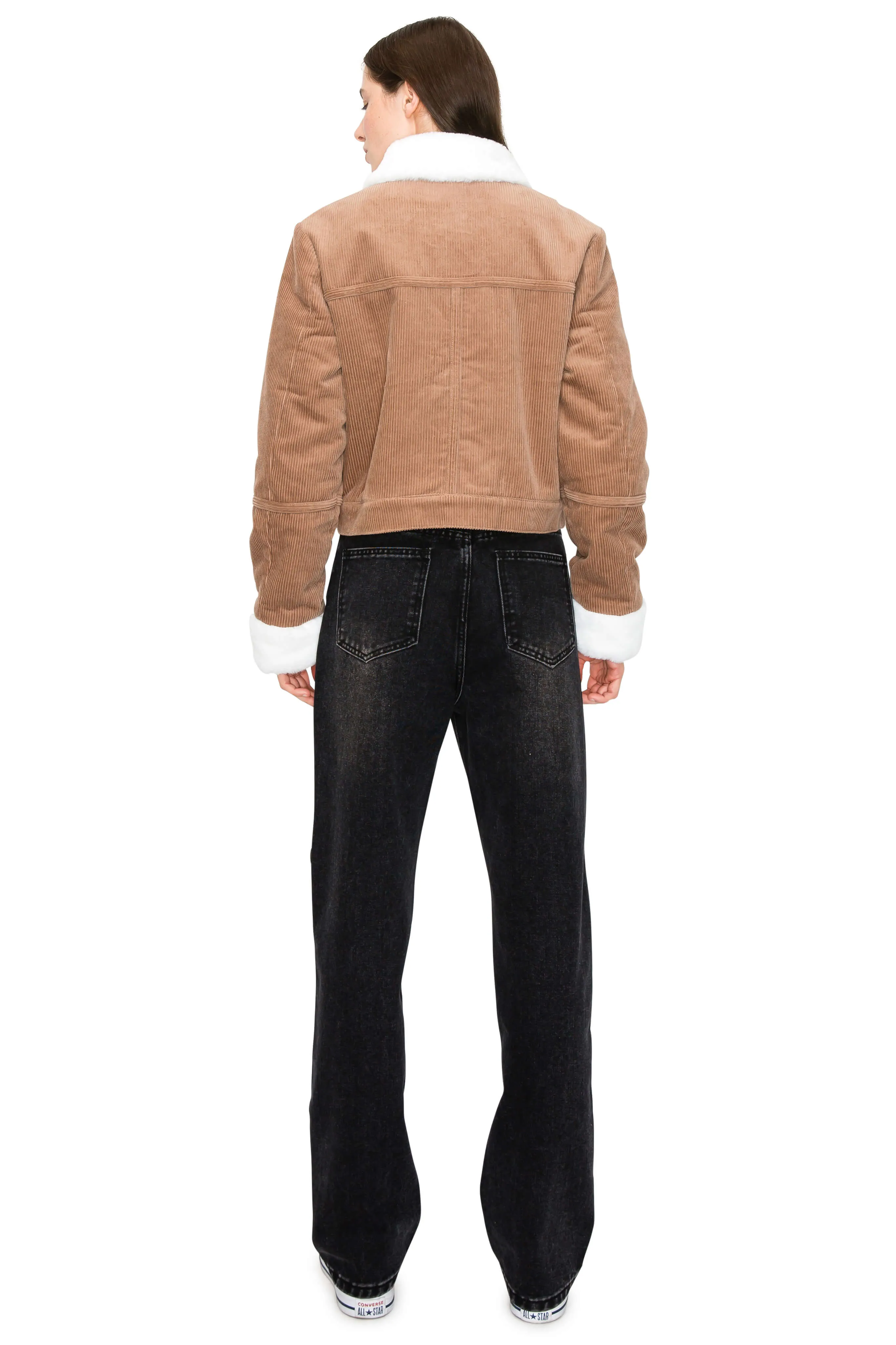 Faux Shearling Collar & Lined Corduroy Biker Jacket - Tobacco