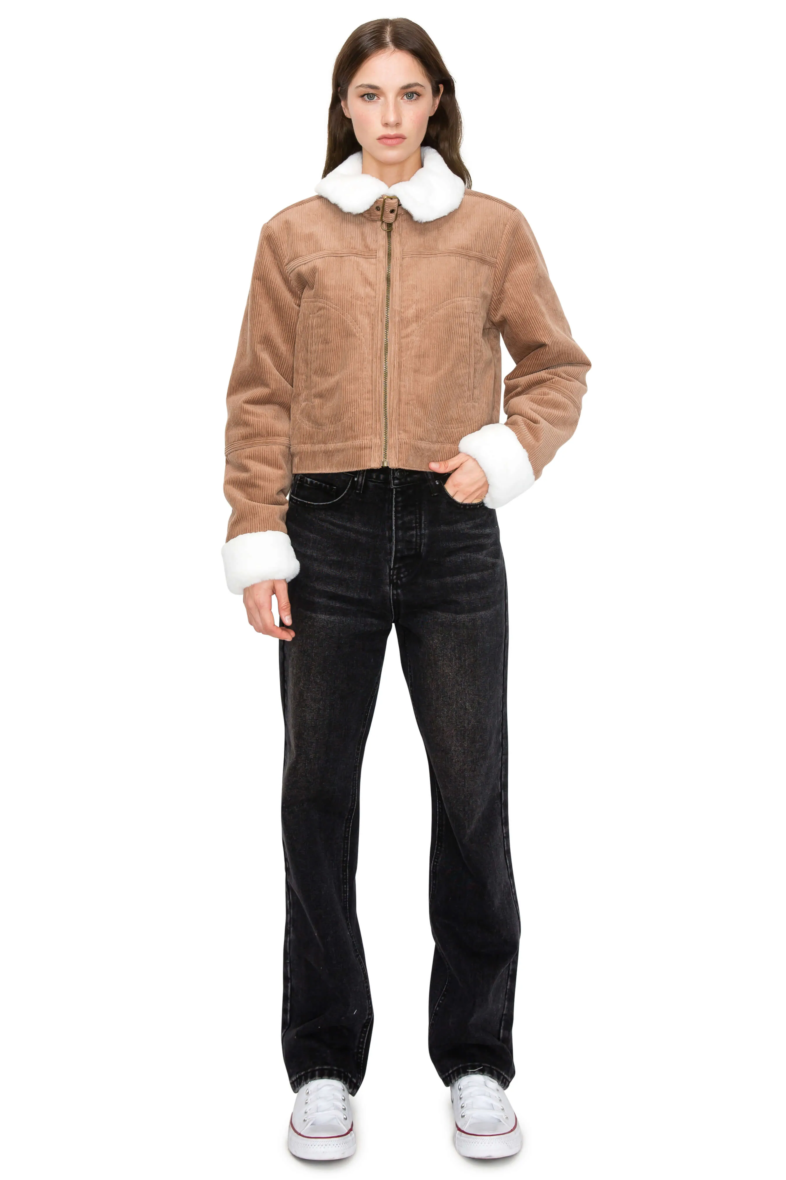 Faux Shearling Collar & Lined Corduroy Biker Jacket - Tobacco