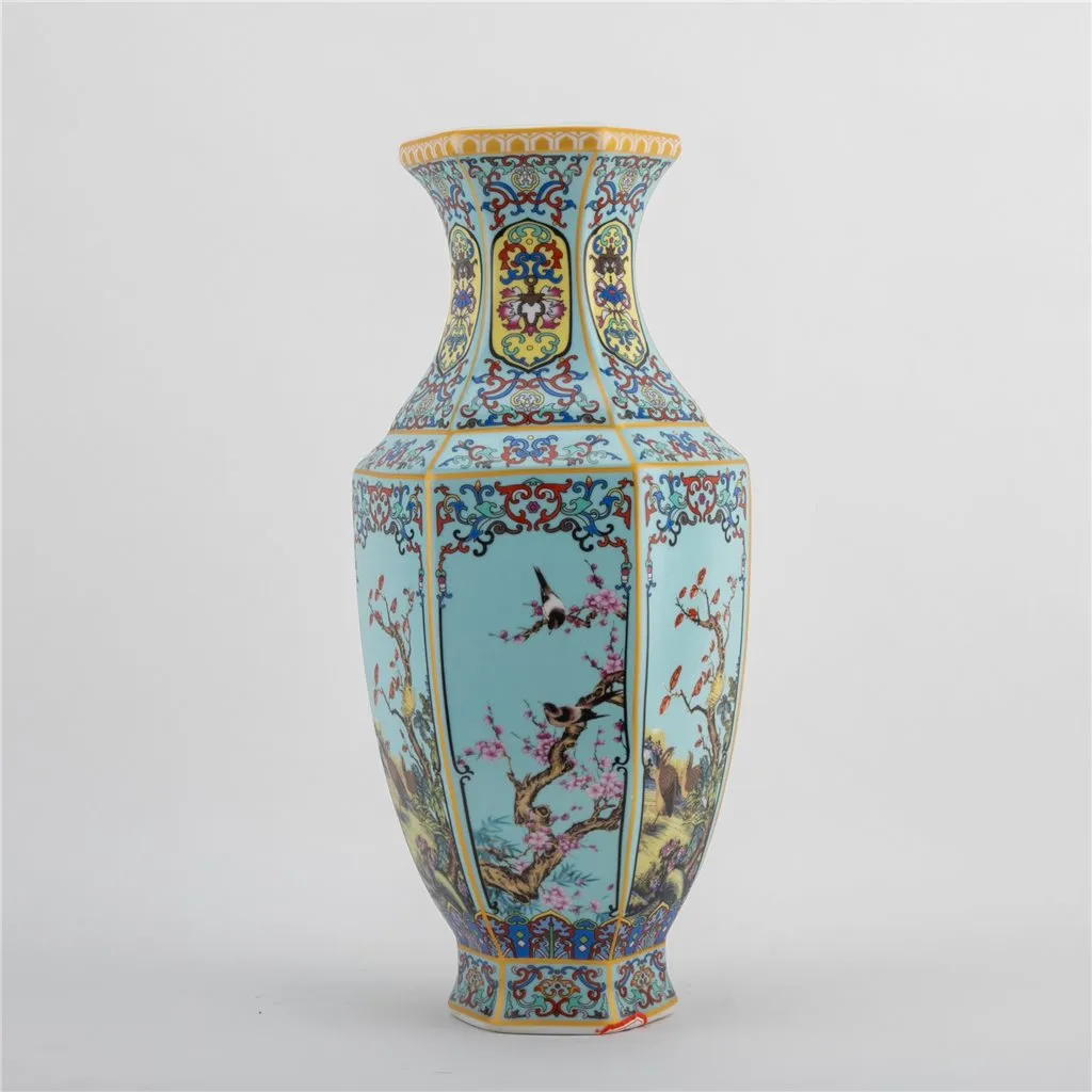 Hex Blue Bird Garden Vase - Pair