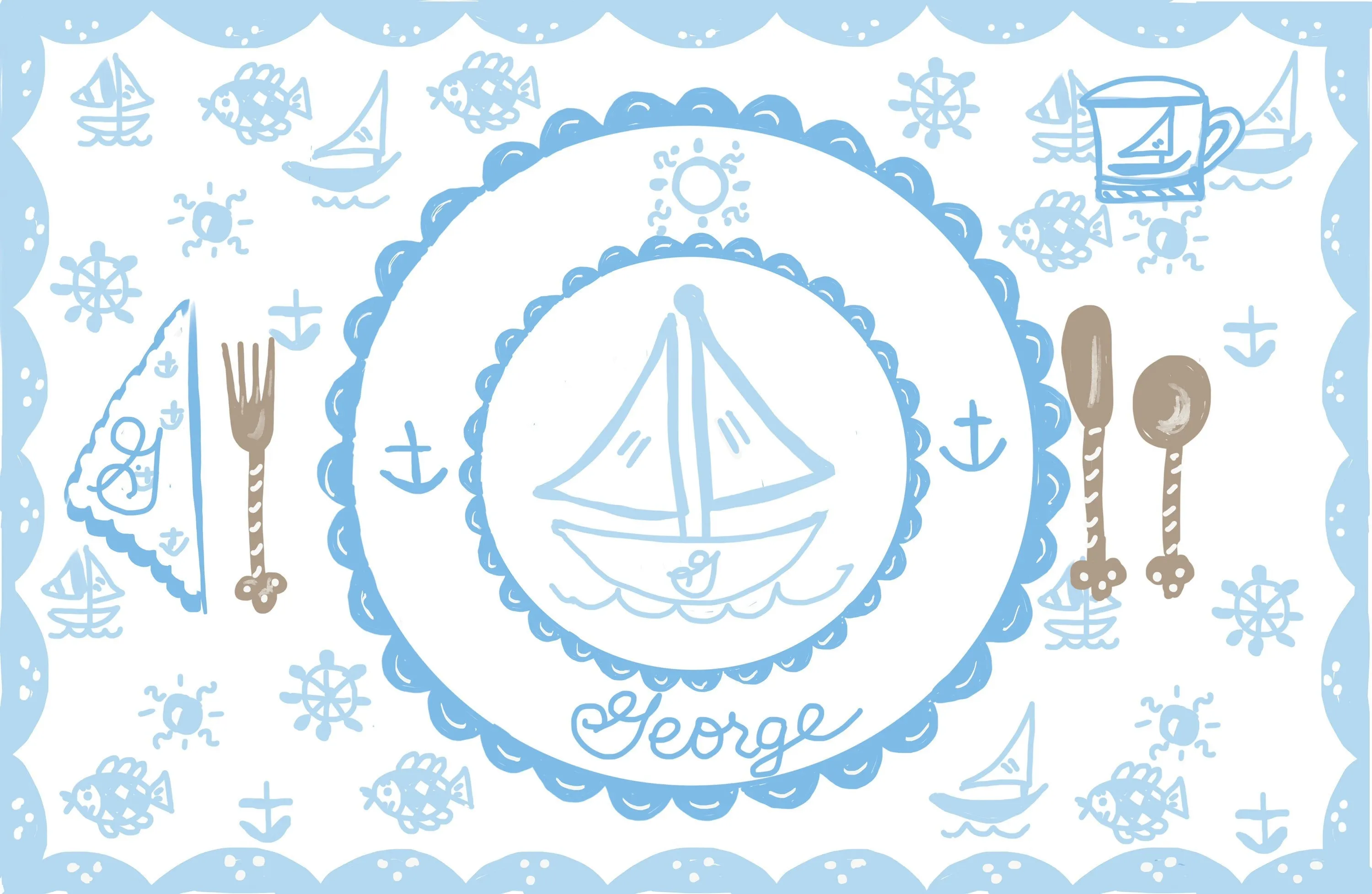 Laminated Placemat - Pastel Blue Sailboat