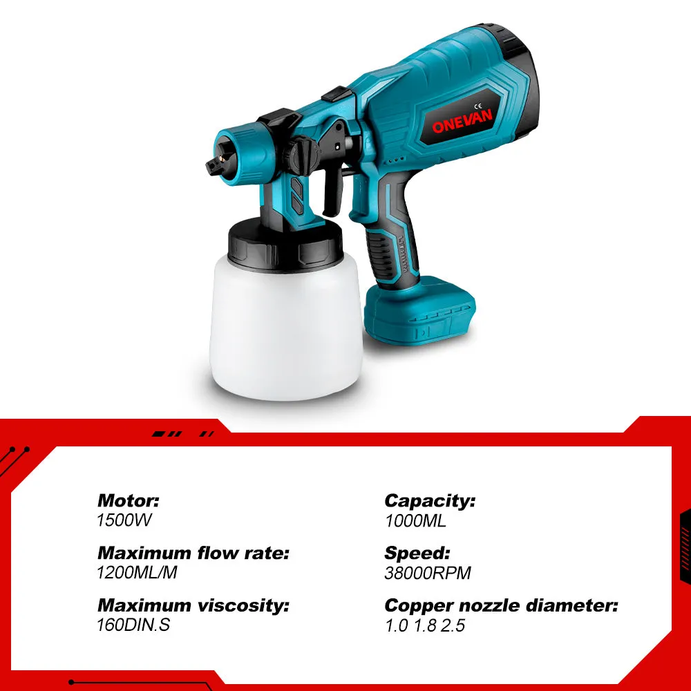 ONEVAN 1500W 1000ML Electric Cordless Paint Spray Gun | For Makita 18V Battery