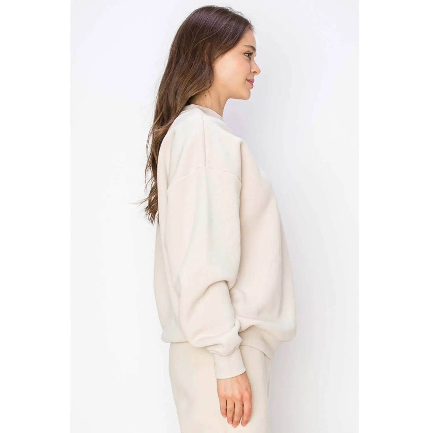 Oversized Pullover Sweatshirts With Los Angeles Embroidery - Oatmeal