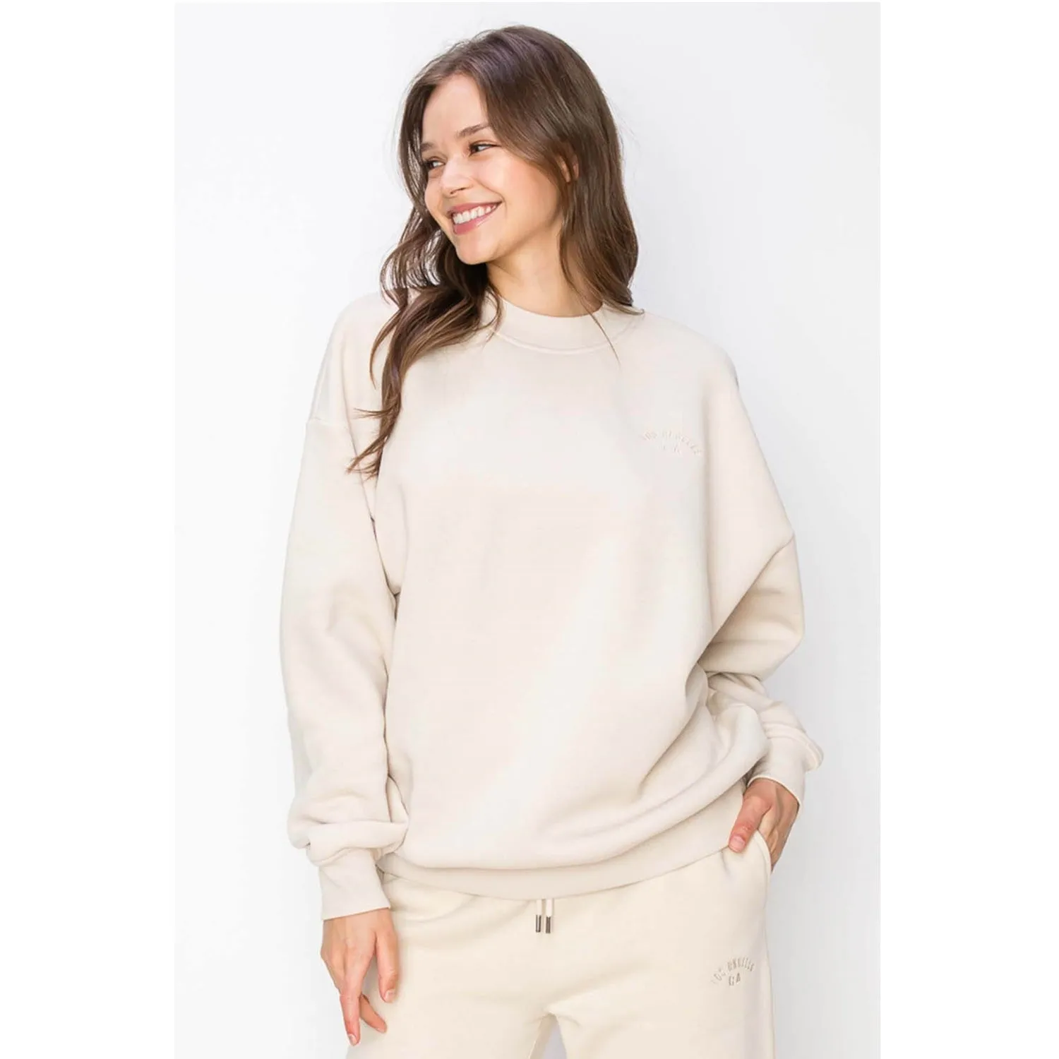 Oversized Pullover Sweatshirts With Los Angeles Embroidery - Oatmeal