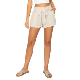 Paper Bag Waist with Self Tie Belt Linen Shorts - Oatmeal