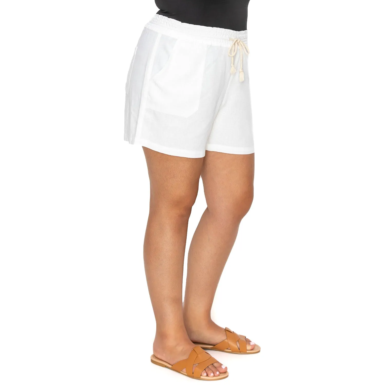 [Plus Size] Drawstring Linen Shorts - White