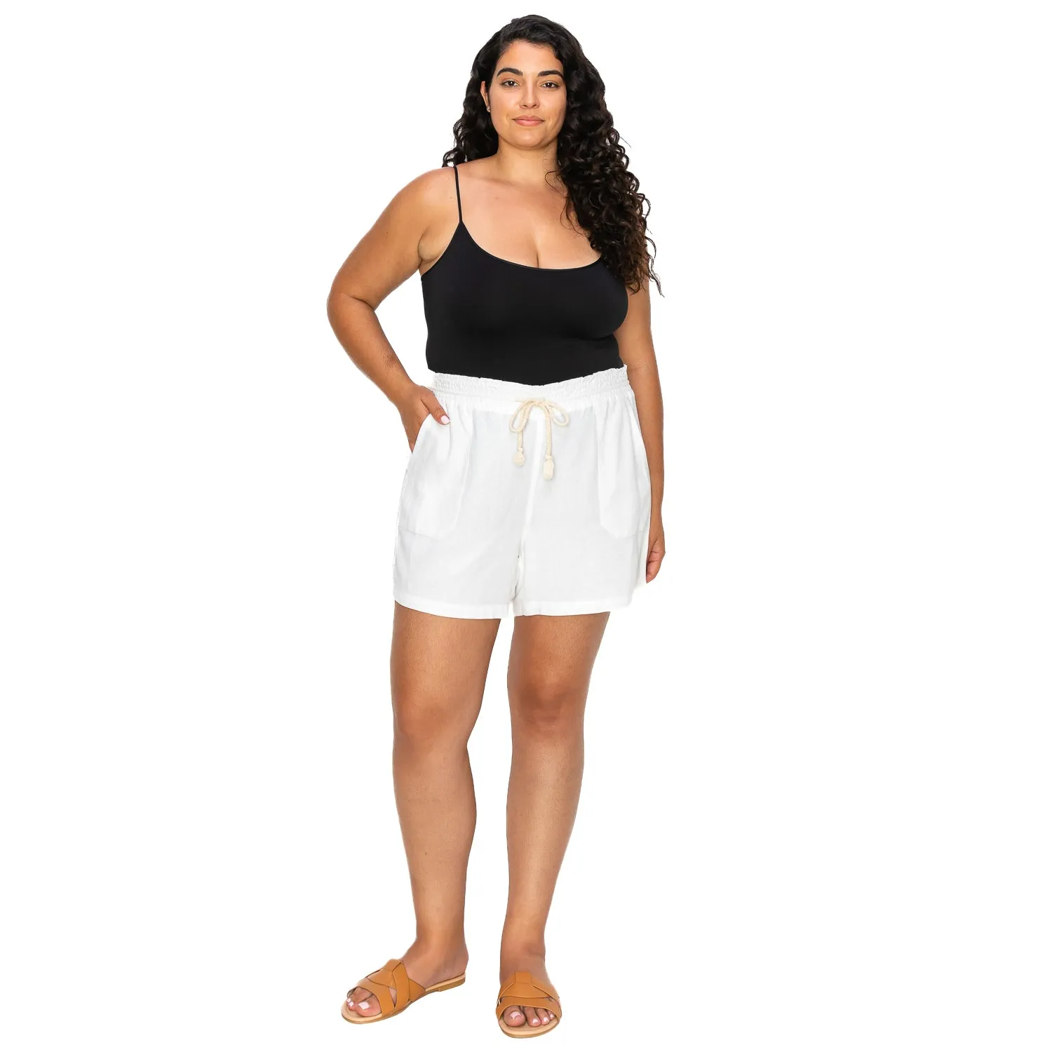 [Plus Size] Drawstring Linen Shorts - White