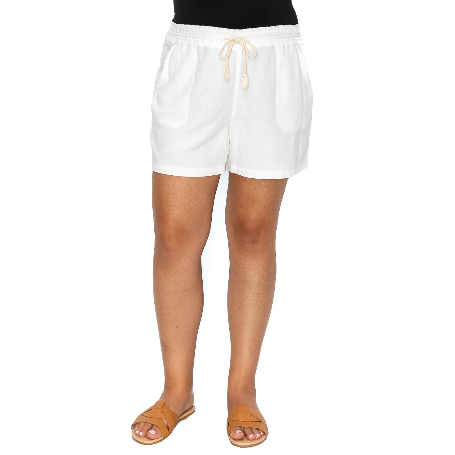 [Plus Size] Drawstring Linen Shorts - White