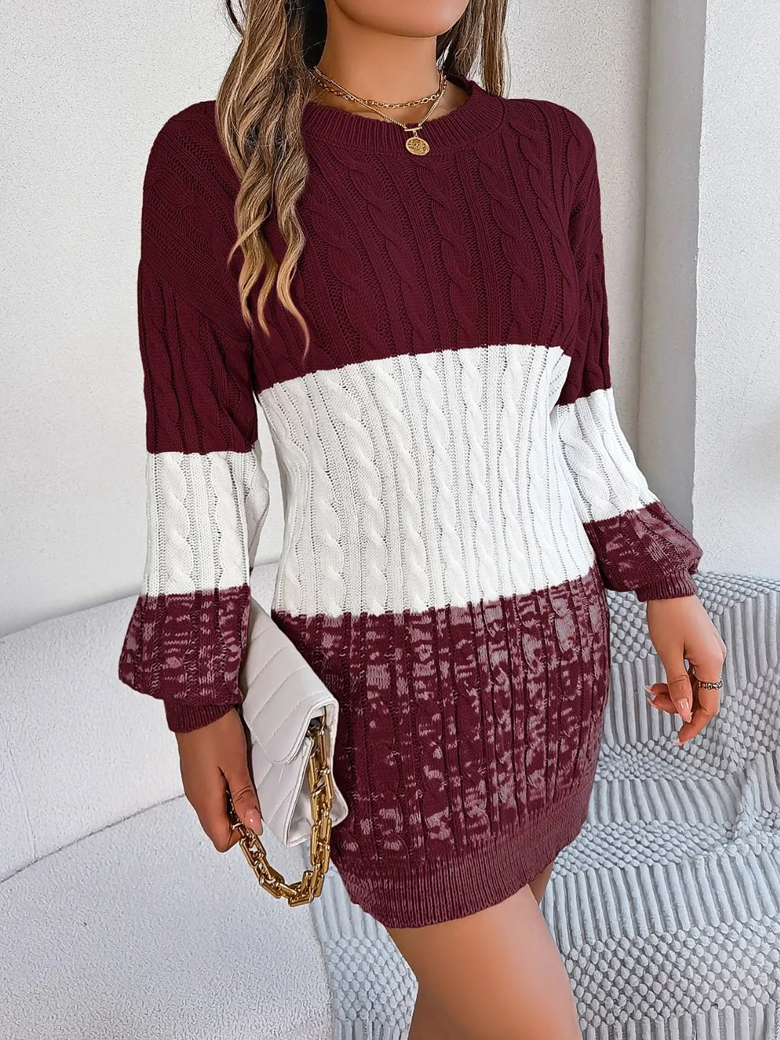 Round Neck Color Block Sweater Dress