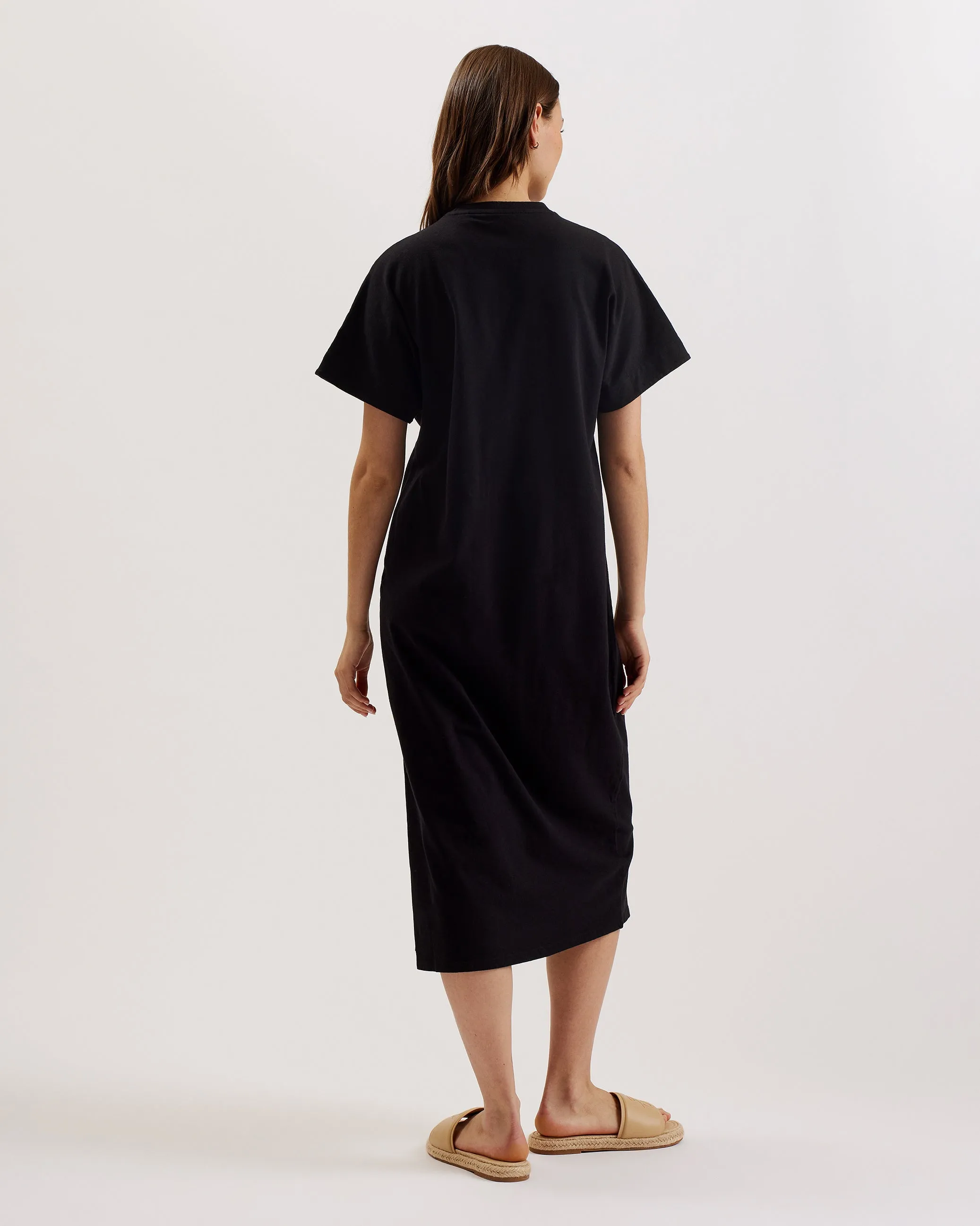 Salyha Embroidered Cut Out Midi Tshirt Dress Black