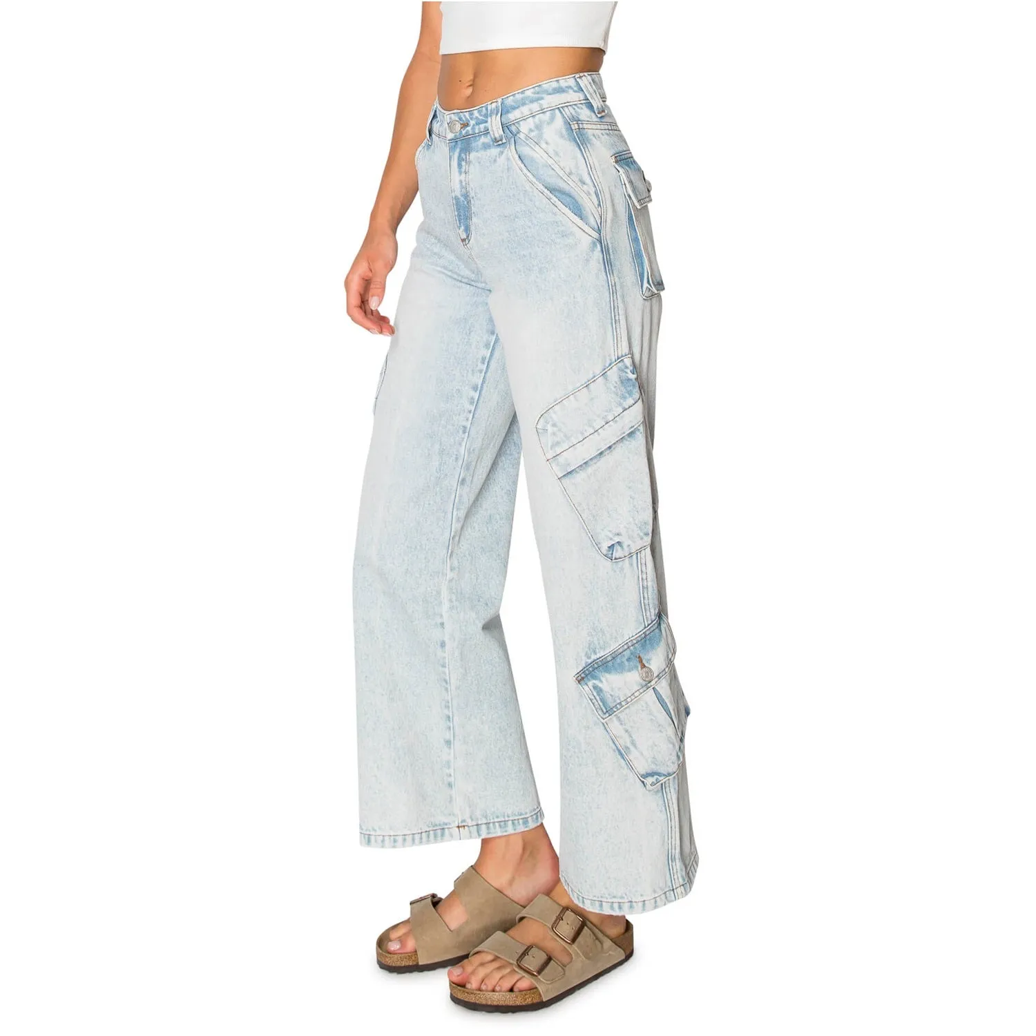 Wide Leg Baggy Cargo Jeans – Light Wash